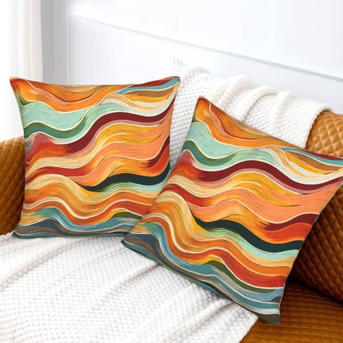 Orange and Blue Striped Pillow Covers 18x18 Set of 2 Abstract Colorful Waves Decorative Pillows Cases Boho Line Outdoor Square Cushion Cover for Farmhouse Living Room Decor - color: Colorful Waves, size: 18" x 18" (Pack of 1)
