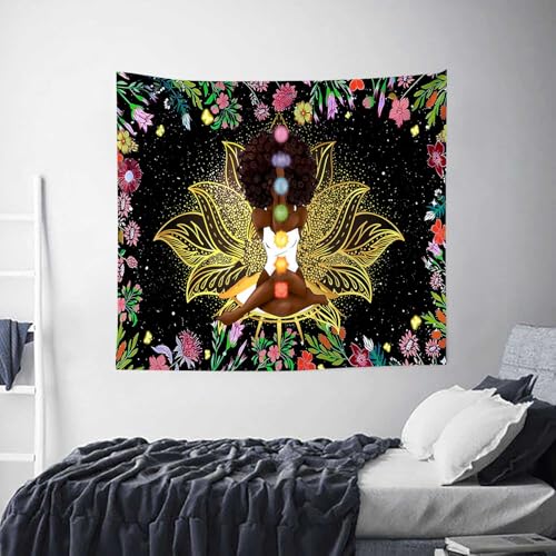 Ine Ive African Chakra Tapestry African American Woman Zen Meditation Poster Starry Sky Flower Garden Inspirational Afro Yoga Wall Art Tapestry for Bedroom Dorm Decor (60x60 inch) - size: 60x60 inch