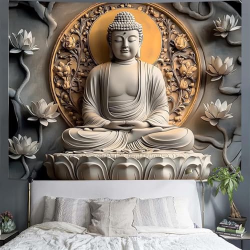 FENDROM Vintage Sitting Buddha Tapestry Wall Hanging Buddhist Statue Tapestries Lotus Meditation Wall Decor Psychedelic Indian Zen Art for Bedroom Living Room Home Decor - color: Orange, size: 59"L x 51"W