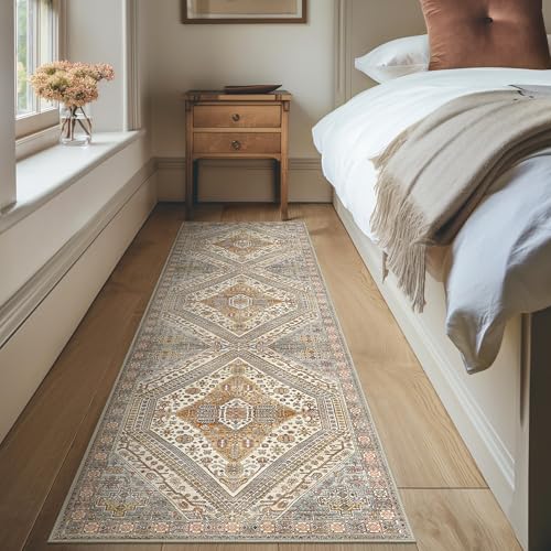 Bavni Kitchen Rug 2x5 Runner Rugs for Hallways Entryway, Washable Vintage Print Carpet, Ultra-Thin Chenille Low Pile Lightweight Rug with Non Slip Backing, Tan/Grey - color: Tan/Grey, size: 2' x 5' (Rectangular)