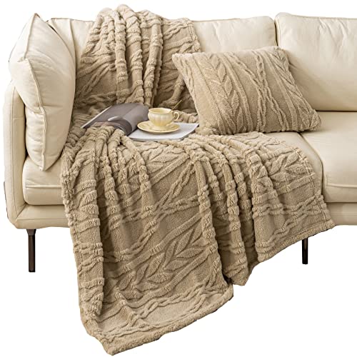 YUSOKI Sherpa Large Throw Blanket Single Layer,Light Weight(1.7lb),320GMS-3D Stylish Design for Gift Home Decor (Tan,50"x65") - color: Tan-(without Pillows), size: Throw (50" x 65")
