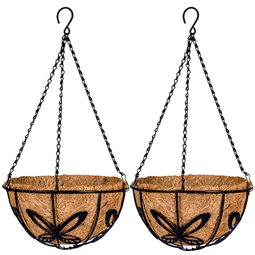 Kingbuy Metal Hanging Basket for Plant Planter with Coconut Fiber Liner Chain Wire Holder 12 Inch Flower Pot Indoor Outdoor Patio Lawn Garden Decor, Butterfly Pattern, 2 Pack - size: 12 Inch, style: Butterfly