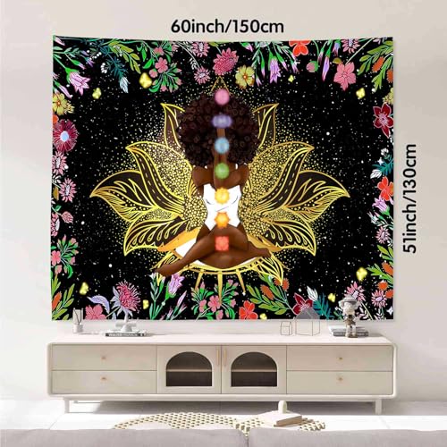 Ine Ive African Chakra Tapestry African American Woman Zen Meditation Poster Starry Sky Flower Garden Inspirational Afro Yoga Wall Art Tapestry for Bedroom Dorm Decor (60x51 inch) - size: 60"L x 51"W