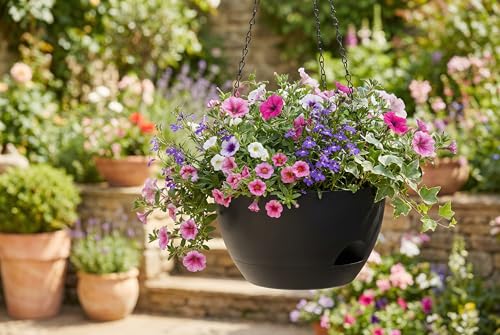 Hanging Planters 3-Pack, 8 Inch Self-Watering Hanging Pots with Drainage Hole and Chains, Plastic Planters for Indoor Outdoor（Black） - color: Black, size: 8 inches