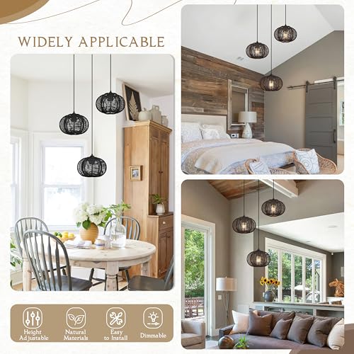 12" Boho Black 3-Light Boho Chandeliers for Kitchen Island Hand-Woven Boho Rattan Chandeliers Dimmable Adjustable Hanging Wicker Chandelier for Dining Room Living Room（Bulb Incl.） - color: 11.8" Black 3-Light