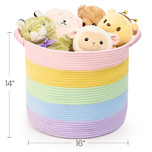 Blanket Basket (16" Dx14 H) - Round Woven Rope Storage for Living Room Throws, Pillows & Laundry- Rainbow - color: Rainbow, size: 16" X 16" X 14"
