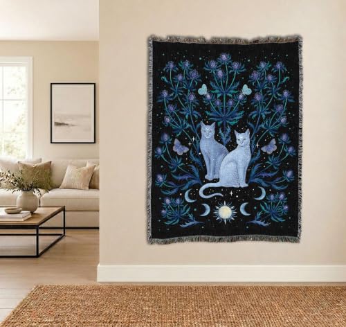 Pure Country Weavers Blue Thistle and Cat by Episodic Drawing - Gift Tapestry Throw Blanket Woven from Cotton - Made in The USA (72x54) - color: Blue Thistle and Cat, size: 72x54