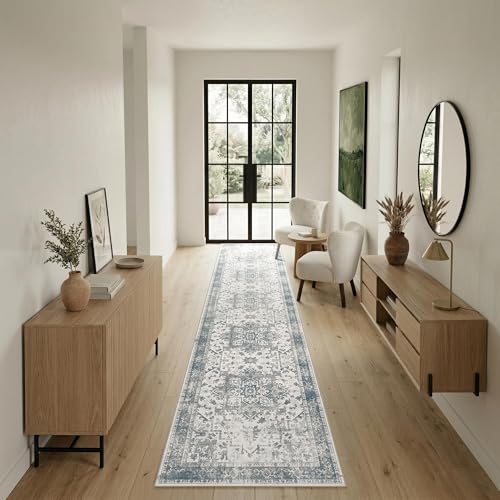 Rugxara 2x10 Washable Runner Rug, Non Slip Boho Runner Rugs for Hallway, Kitchen, Entrance, Bathroom, Laundry Room, Soft Ultra-Thin Entryway Carpet, Throw Low Pile Retro Imitation Carpet, Blue Grey - color: Blue & Grey, size: 2' x 10' (Rectangular)