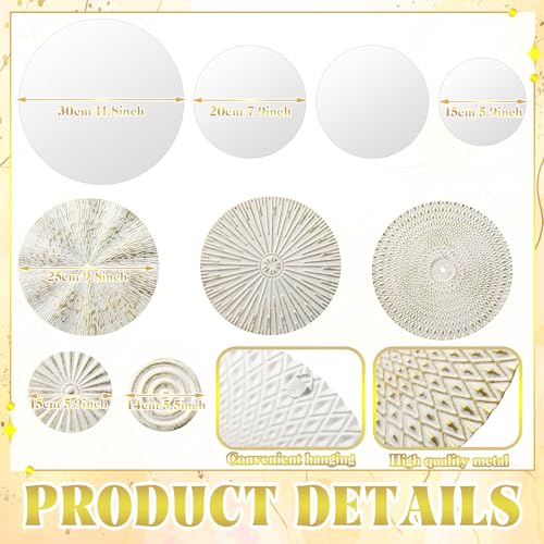 Blulu 9 Pcs White Gold Mirror Wall Decor Metal Round Home Art Decor Decorative Modern Circle Mirror Wall Art Sculpture Hanging Decorations for Home Living Room Office - color: White, Gold