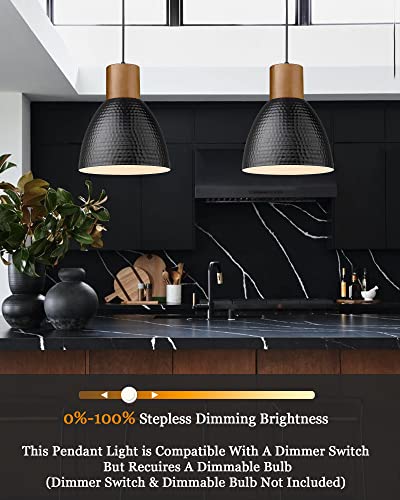 ELYONA Hammered Pendant Light, 10.2” Industrial Hanging Lamp with Solid Wood & Metal Shade, Modern Pendant Light Fixtures for Kitchen Island, Bar, Farmhouse Dining Room, Bedroom, Living Room, Black - color: Black - 1 Pack