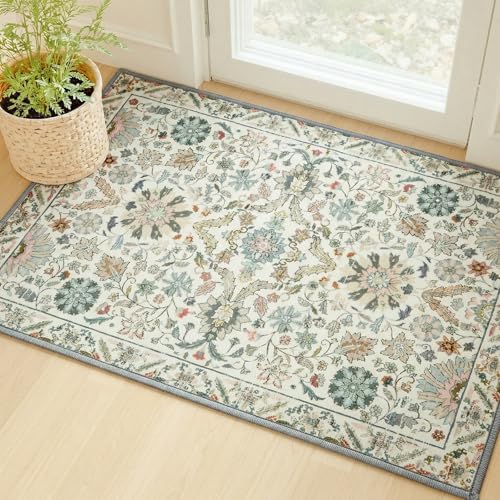MINIDEAR 2x3 Area Rugs for Entryway Kitchen, Washable Rug Small Accent Rugs for Bedroom Non Slip Vintage Rug with Floral Print Thin Carpet Mat for Home, Daisy Green - color: 03green, size: 2' x 3' (Rectangular)
