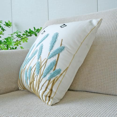vctops Farmhouse Pampas Grass Cotton Tufted Throw Pillow Cover Boho Embroidery Pillowcase Soft Square Cushion Case for Sofa Couch Bed Chair (Blue C,18"x18") - color: Blue C