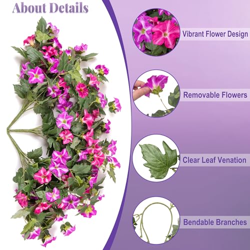 Ammyoo Artificial Hanging Fake Flowers with Basket Plants for Outdoor Decoration, Faux Silk Flower UV Resistant Morning Glory for Home Porch Patio Garden Balcony Yard Look Real (Fuchsia Lotus) - color: Fuchsia Lotus Basket, size: 3 Pcs with Basket