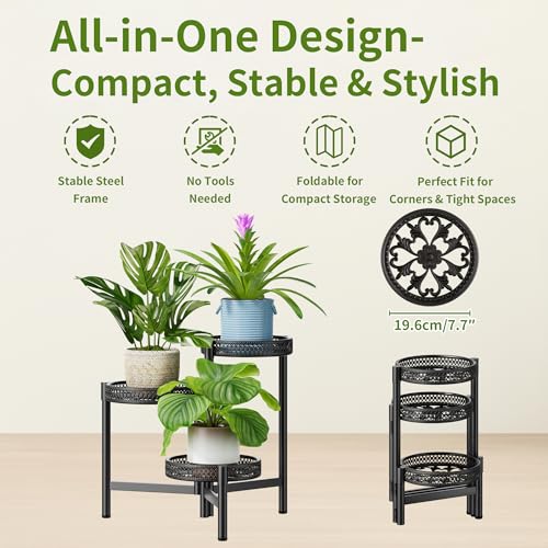 Metal Plant Stand Indoor Outdoor, 3 Tier Corner Tall Plant Shelf for Multiple Plants, Tiered Plant Stand, Heavy Duty Flower Plant Holder, Folding Tall Rack for Garden Patio Lawn Balcony - BlackWave - color: BlackWave, size: 3-tiers