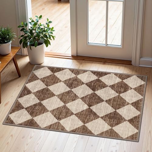 Front Door Rug - 2x3 Brown Beige Non-Slip Washable Doormat Indoor Outdoor Mat Outside Entrance Entry Rug Checkered Diamond Small Area Rugs for Entryway Bedroom Kitchen Front Porch Decor - color: Diamond - Brown Beige, size: 2' x 3' (Rectangular)