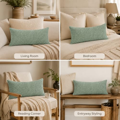 JoraLion 12x24 Boho Decorative Lumbar Throw Pillow Cover, Seafoam Green Cozy Soft Striped Corduroy Long Rectangle Cushion Case Accent Home Decor for Sofa Bed Room Livingroom, ONLY Cover - color: Seafoam Green, size: 24" x 12" (Pack of 1)