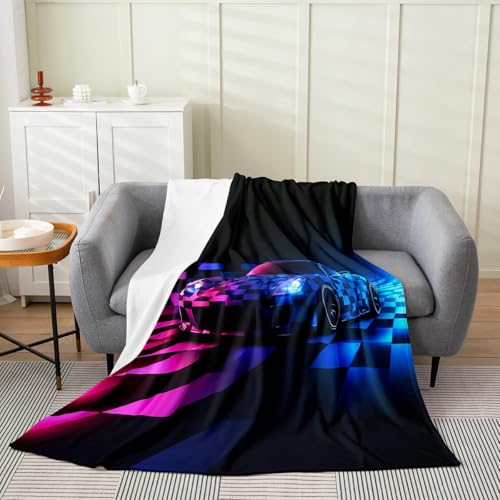 Cool Sports Car Bed Blanket Kids Girls Pink Blue Neon Flannel Blanket Soft Cozy Lightweight Geometric Grid Car Plush Fleece Blankets Gifts for Couch Bed Office Sofa(40x50 Inches) - color: Black, size: 40"×50"