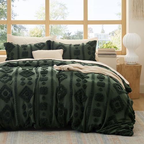 Bedsure Boho Duvet Cover Queen Size - Tufted Boho Bedding, Farmhouse-Style Distressed Vintage Embroidery Bedding for All Seasons, 3 Pieces, 1 Soft Jacquard Queen Comforter Cover and 2 Pillow Shams - color: 07 - Green Tufted (No Comforter), size: Queen (90