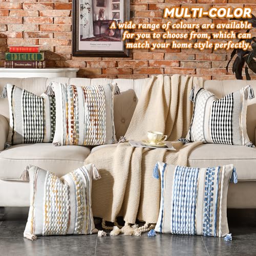 AmHoo Chenille Striped Textured Boho Throw Pillow Covers Aesthetic with Tassels Woven Decorative Pillow Case for Couch Bed Sofa Bedroom Modern Funky 18 x 18-Inch Sky Blue - color: Sky Blue, size: 18" x 18" (Pack of 1)