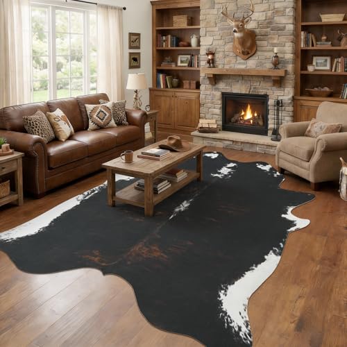 BENRON Premium Cowhide Rug, Faux Cow Hide Rugs for Living Room Bedroom, Cute Animal Hides and Skins for Kids Nursery Western Home Decor, Black, Brown, 4.6 x 5.2ft - color: Black Brown, size: 4'7" x 5'2" (Irregular)