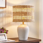 Maxax Farmhouse Ceramic Table Lamp for Living Room, 21" Boho Rattan Bedside Lamp with Woven Rattan Shade, 3-Way Dimmable Coastal Bedroom Lamp for Nightstand Office House - color: Light Gray