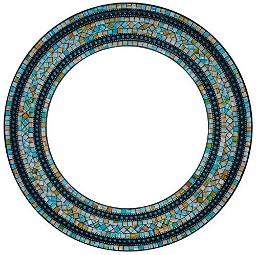 Handcrafted Decorative Wall Mirror, 24in Turquoise Mosaic, Coffee Brown, Green, Round, for Hallway, Bedroom, Bathroom, Living Room - color: Turquoise, Coffee Brown, Green