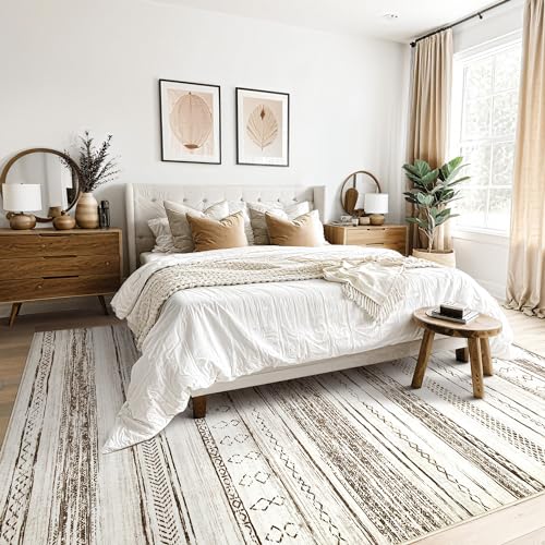 Tortania Area Rug Living Room Rugs - 5x7 Washable Large Soft Neutral Boho Moroccan Bohemian Farmhouse Rug Indoor Floor Carpet for Bedroom Under Dining Table Home Office Decor - Cream Brown - color: Cream/Brown, size: 5' x 7' (Rectangular)
