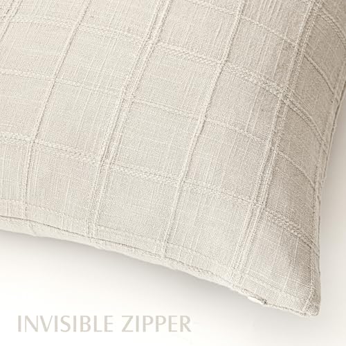 Foindtower Set of 1 Decorative Linen Check Throw Pillow Cover Neutral Farmhouse Vintage Cushion Cover Modern Boho Home Decor for Sofa Chair Couch Bedroom Living Room Outdoor,16×16 Inch,Natural Beige - color: Beige, size: 16" x 16" (Pack of 1)