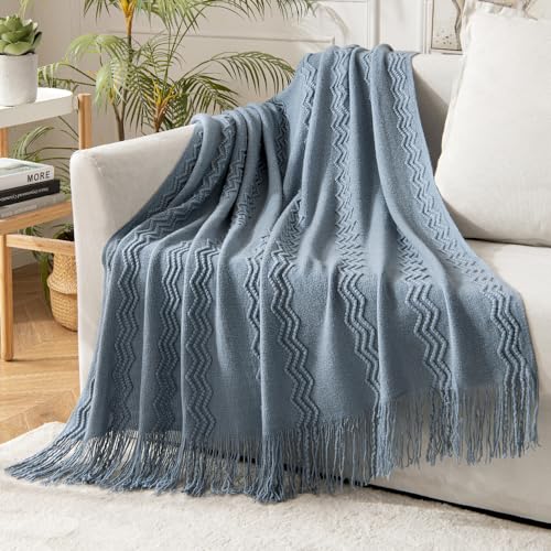 MIULEE Dusty Blue Cozy Knitted Throw Blanket for Couch Textured Knit Blanket with Tassels Woven Acrylic Wave Pattern Boho Blankets for Sofa Bed Chair 50"x60" - color: Dusty Blue, size: 50" x 60"