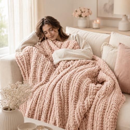 Battilo Chunky Knit Throw Blanket for Couch, Hand Made Chenille Throw Blanket, Super Soft Warm Cozy Pink Blanket for Bed, Sofa, Living Room, 50"x60" - color: Pink