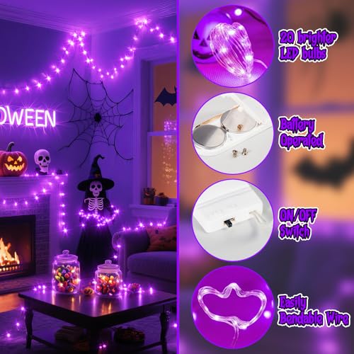 Halloween Purple Fairy Lights Battery Operate,7.2ft 20 LEDs String Lights Silver Copper Wire for Hallowen Christmas DIY Decoration Wedding Party (6 Pack) - color: Purple