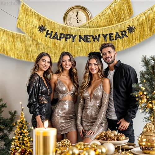 KatchOn, Pack of 2 Gold Fringe Garland - Gold Tinsel Banner for Birthday Party Decorations, Bridal Shower | Golden Foil Curtains for Golden Party Decor, Wedding, Graduation Decorations 2026 - color: Gold