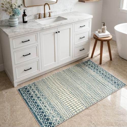 Moroccan Small Rug for Bedroom 2x4, Soft Non-Slip Indoor Door Mats for Entryway, Low-Pile Non-Shedding Blue Rug Vintage Rugs for Kitchen Bathroom Laundry Room - color: Royal Blue, size: 2' x 4' (Rectangular)