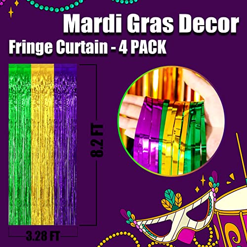 4 Pack Mardi Gras Foil Fringe Curtain Backdrop, 3.28Ft x 8.2Ft Gold Green Purple Metallic Tinsel Foil Fringe Streamers Curtains for Photo Booth, Wedding, Birthday, Carnival Party Decoration - color: Green,Purple