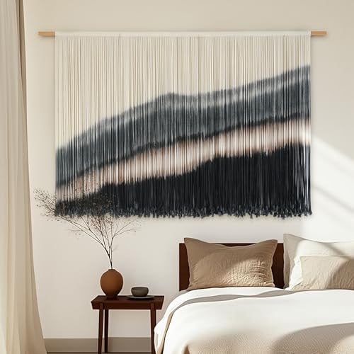 Jakalin Large Macrame Wall Hanging Dip Dyed Boho Wall Decor For Living Room Bedroom Entryway 57" Wx35 L Modern Fiber Yarn Wall Art Handmade Black Home Decor - color: Black