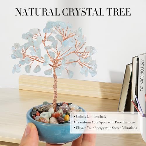 Aquamarine Crystal Tree with Ceramic Base,Natural Gemstone Feng Shui Money Tree for Wealth,Good Luck & Positive Energy,Handmade 5 Inch Healing Abundance Bonsai for Home Office Decor - color: Aquamarine Vase Tree-2