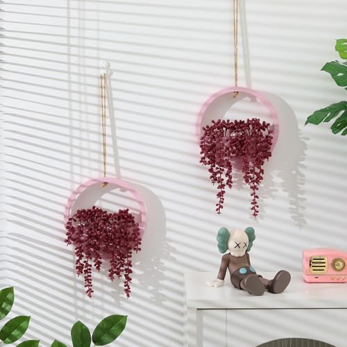 Artificial Hanging Plants Hanging Planter Fake Succulents Artificial String of Pearls with Pot and Lanyard for Home Office Wall Decoration - color: Pink, size: 2 Pcs