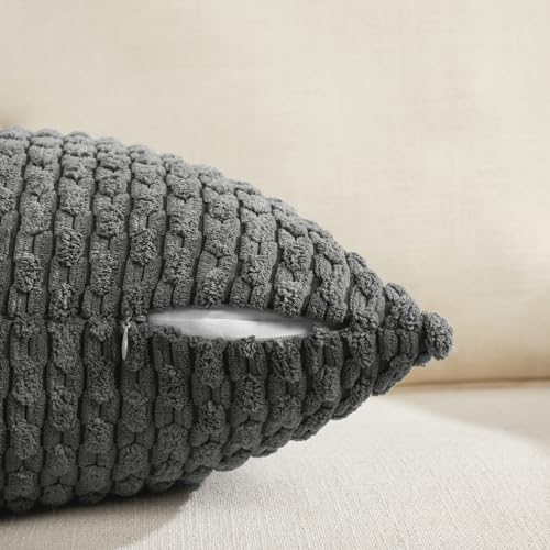 Fancy Homi 2 Packs Dark Gray Decorative Throw Pillow Covers 18x18 Inch for Couch Bed Sofa, Modern Farmhouse Boho Home Decor, Soft Cute Plush Grey Corduroy Striped Cushion Case 45x45 CM - color: Dark Gray, size: 18" x 18" (Pack of 2)