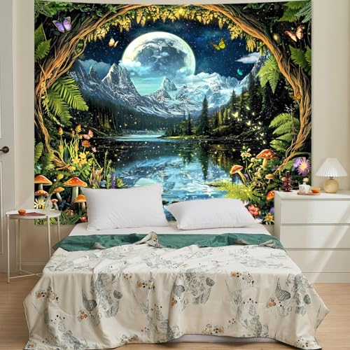 Apdidl Forest Nature Wall Tapestry for Bedroom, Green Landscape ice Mountain Plant Floral Moon Tapestries Aesthetic, Mushroom Butterfly White Clouds River Space Decor Wall Hanging for Living Room（60" x 51") - color: Forest Tapestry, size: 60"L x 51"W