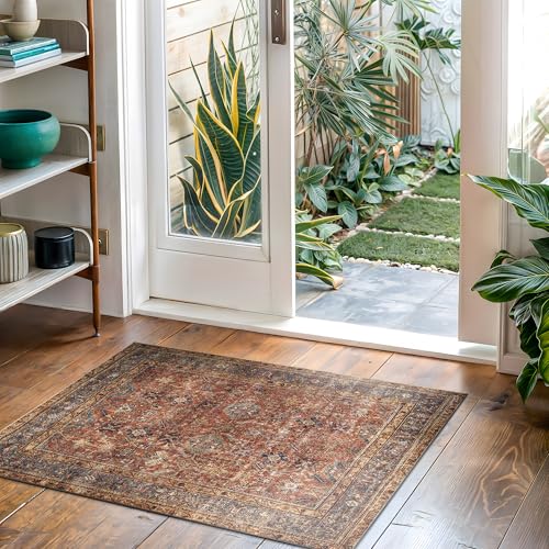 Bloom Rugs Washable Non-Slip 2' x 3' Rug - Terracotta/Mustard Traditional Oriental Area Rug for Living Room, Bedroom, Dining Room, and Kitchen - Exact Size: 2' x 3' - color: Terracotta / Mustard, size: 2' x 3' (Rectangular)