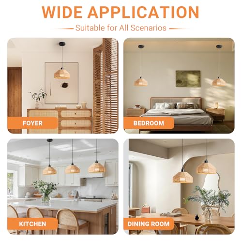 Battery Operated Pendant Light with Remote,Battery Hanging Light Rattan Woven Chandelier No Wiring Needed,Rechargeable Light Bulb 50+Hours Continue Use,Perfect for Kitchen Islands Ceiling Lighting - color: Brown-A