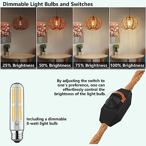 Plug in Pendant Light Rattan Hanging Lights with Plug in Cord 15FT Hemp Rope Cord, Dimmable Switch – Indoor Hanging Lamps for Boho Living Room Bedroom（Bulb Included） 11 x 7 inch - color: Cactus Shaped(Dimmable)