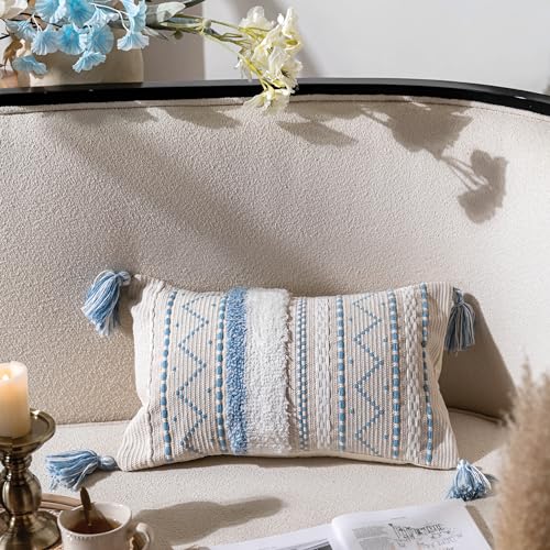 BlissBlush Decorative Lumbar Throw Pillow Covers 12x20 Combo Set of 2 Rectangular Coastal Blue Boho Accent Pillowcase Neutral Farmhouse Cushion for Couch Sofa Bedroom Living Home Décor Cover ONLY - color: Blue, size: 20" x 12" (Pack of 2)