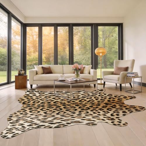 BENRON Premium Leopard Rugs for Living Room Bedroom, Non-Slip Throw Rug for Home Decor, Faux Cheetah Print Animal Skin Carpets, Black and Brown, 4.6 x 5.2 ft - color: Yellow/Black, size: 4'7" x 5'2" (Irregular)