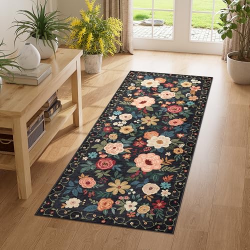 DUKINO 2x5 Runner Rug for Hallway, Washable Kitchen Floral Runner Rug with Non Slip Backing, Low Pile Soft Boho Carpet for Kitchen, Hallway, Entryway, Laundry, Bedroom, Black - color: Black, size: 2' x 5' (Rectangular)