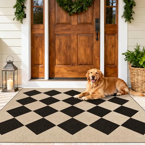 Washable Checkered Easy Jute Rug 3x5, Black Checkerboard Boho Geometric Outdoor Indoor Patio Small Rugs, Woven Non Slip Thin Neutral Carpet Door Mat for Bedroom Entryway Front Door Farmhouse - color: Checkerboard -3 Nature Black, size: 3' x 5'