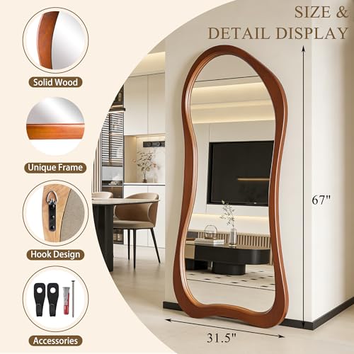 Large Irregular Floor Mirror, 67"x31.5" Organic Shape Mirror with Solid Wood Frame, Asymmetrical Full Length Mirrors for Entryway Hallway Bedroom Cloakroom Living Room, Leaning/Wall-Mounted - color: Walnut Wood Frame, size: 67"L x 31.5"W