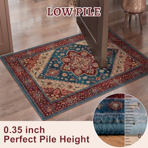 Tangsoo Vintage Small 2x3 Washable Rugs for Entryway Non-Slip Oriental Low Pile Rug for Front Door, Kitchen, Indoor, Accent Throw Small Area Rug, Door Mat for Entrance, Soft Boho Red Rug - color: Red/Blue, size: 2' X 3' (Rectangular)