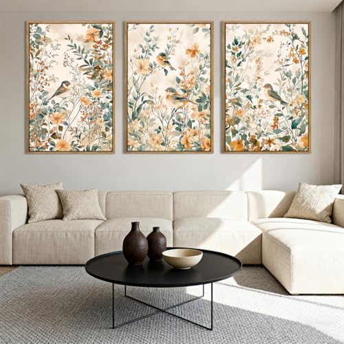 ANHUIB Large Vintage Floral Bird Framed Wall Art 16x24 Inch Beige Botanical Pictures Wall Decor Nature Wildflower Canvas Painting Set of 3 Retro Neutral Flower Artwork for Living Room Bedroom Barhroom - color: Floral Bird, size: 24"L x 16"W