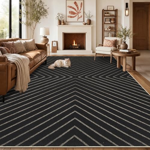 Garvee Easy Jute 9x12 Large Area Rug for Living Room Striped Black Indoor Outdoor Rugs Non Slip Low Pile Patio Outdoor Rugs Washable Carpet for Porch Bedroom Living Room Backyard, 9'x12' - color: Striped|black, size: 9' x 12' (Rectangular)